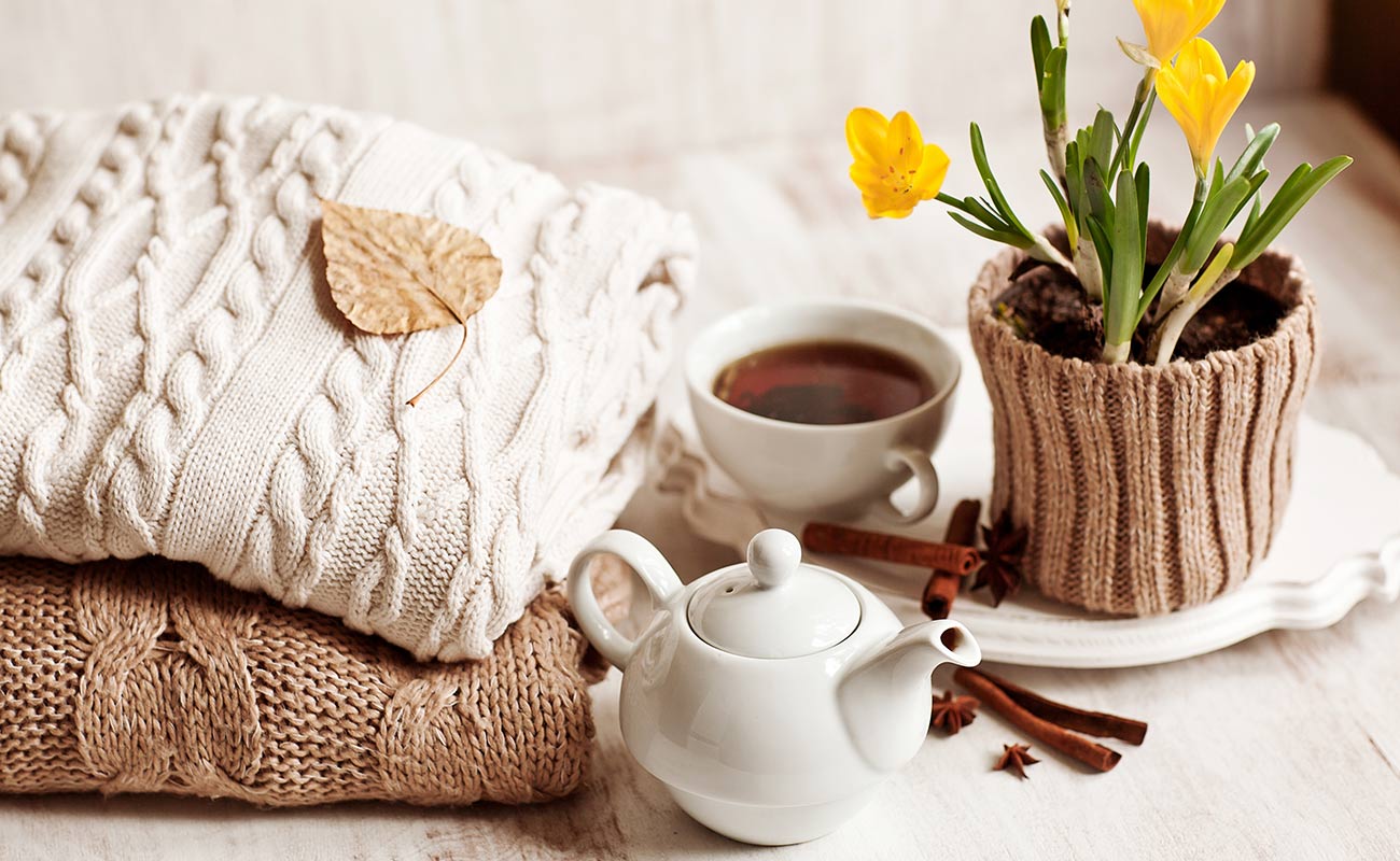 Dettagli di coperte fatte a mano, una tazza di tè con teiera, una piantina in fiore e spezie